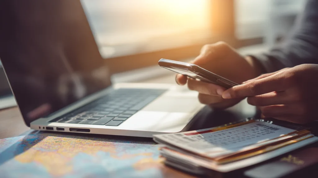 Traveler reviewing travel itinerary and tickets before an all-inclusive trip.