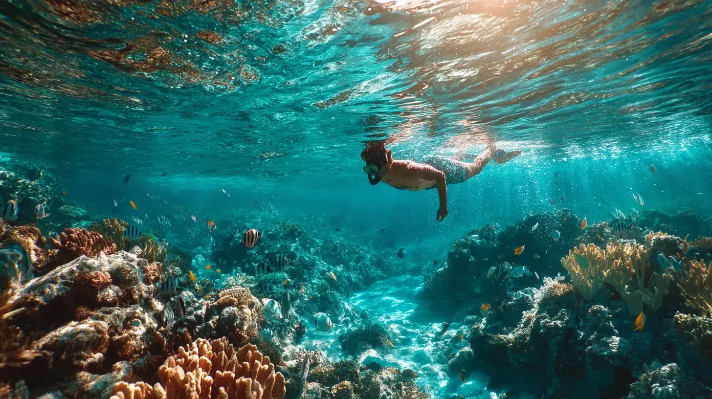 Traveler snorkeling among coral reefs in a clear turquoise lagoon.