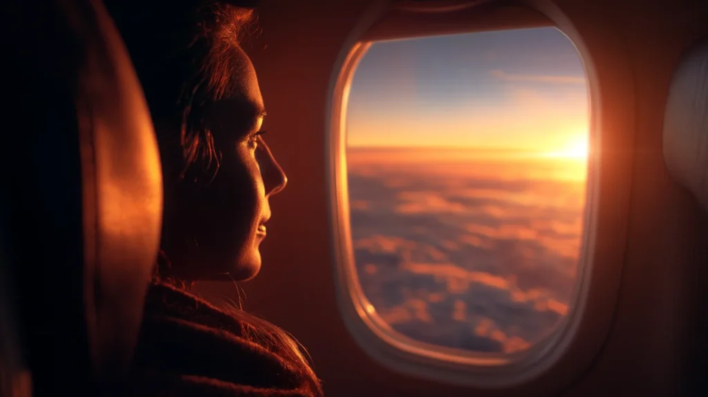 Traveler watching sunset from airplane window at the end of an all-inclusive vacation.
