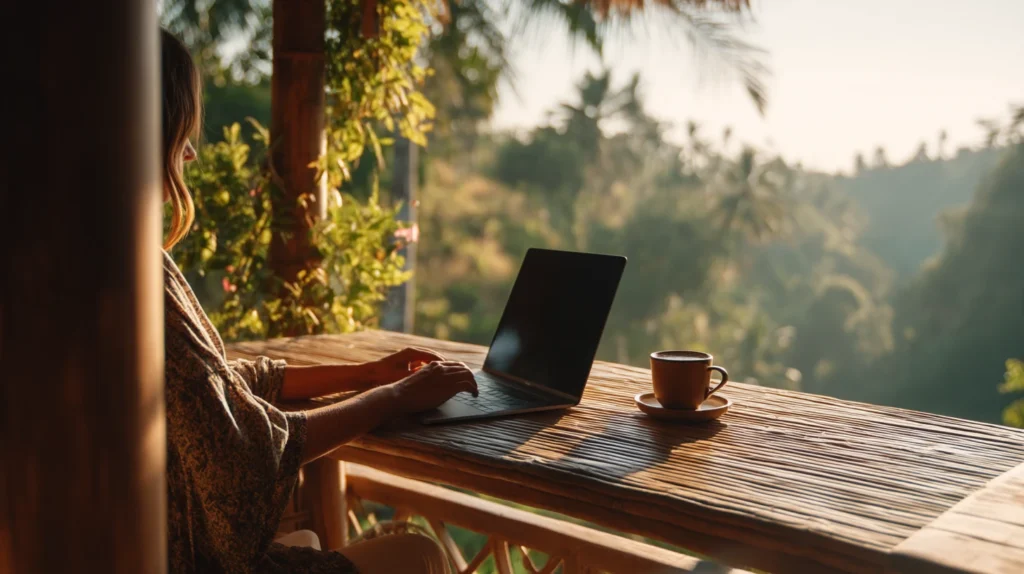 Traveler planning and booking a vacation online from a tropical café.