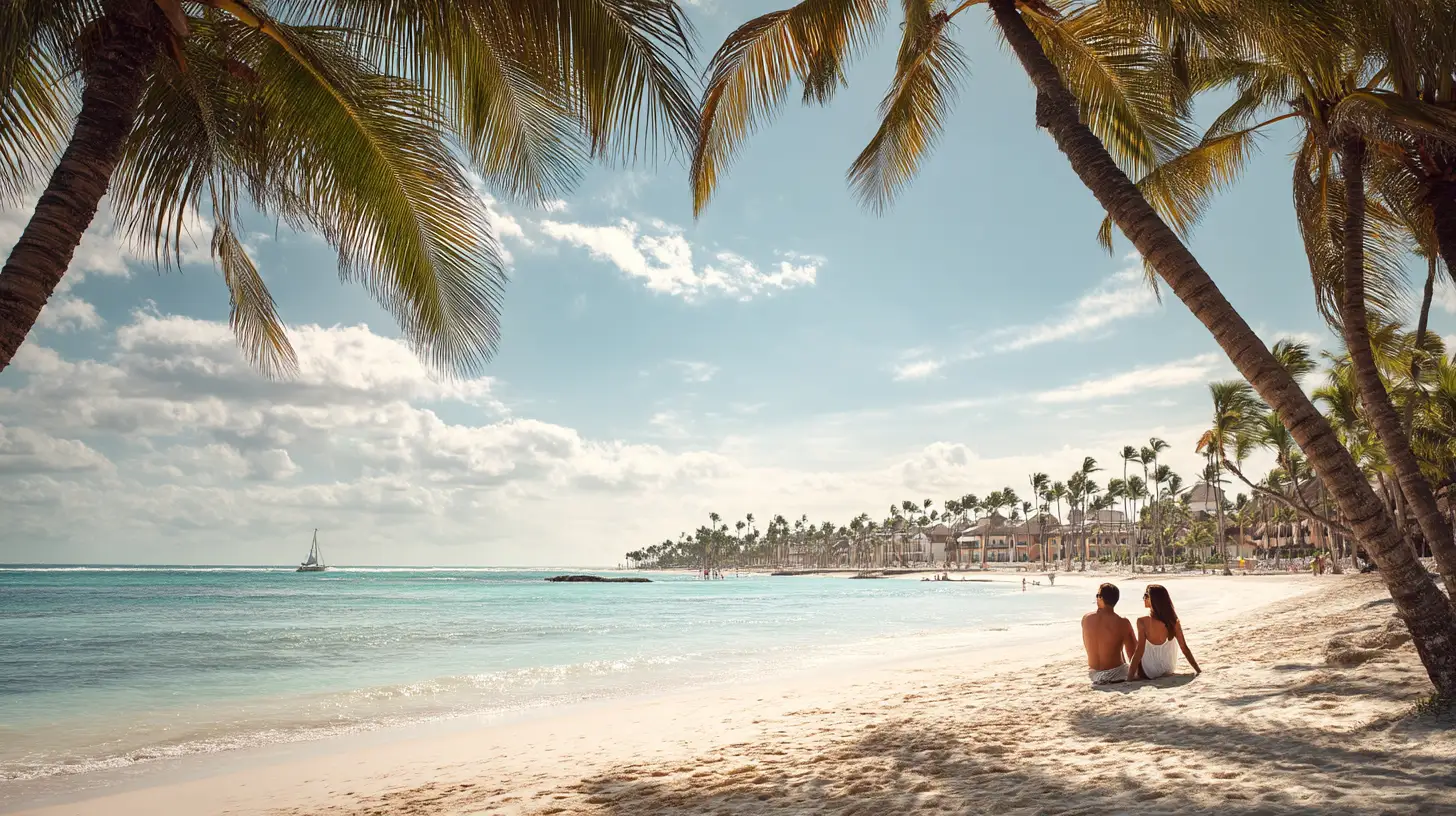 Couple relaxing on white sand under palm trees at Bávaro Beach
