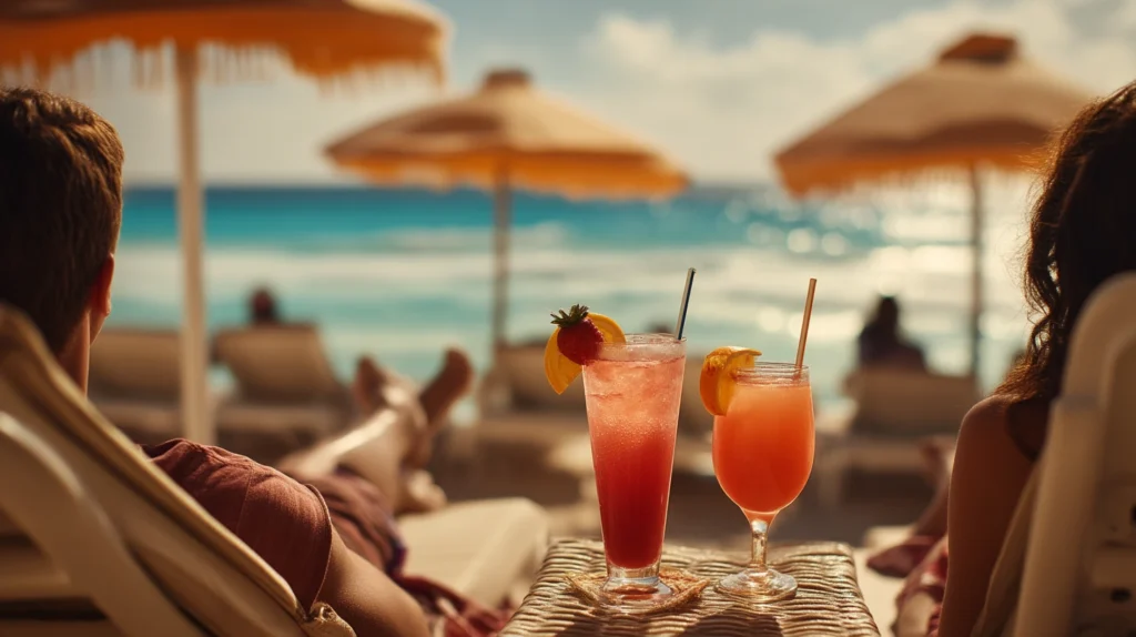 Couple enjoying tropical cocktails under umbrellas at a Cancun all inclusive resort.