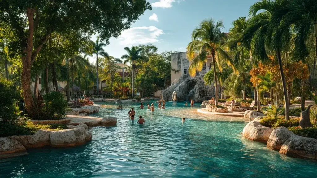 Family relaxing by a tropical pool in Cancun while children splash and play nearby.