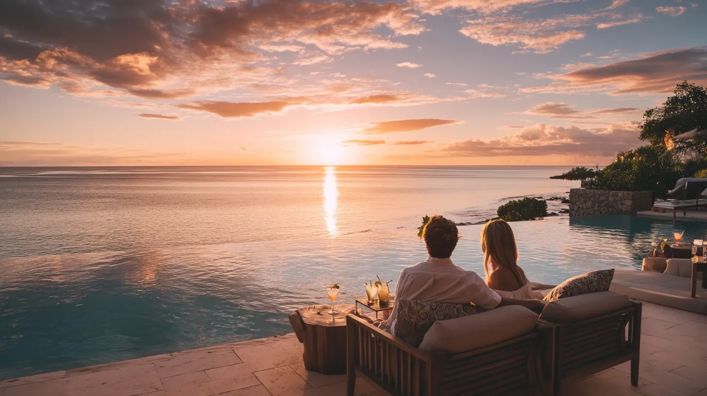 Couple relaxing by an oceanfront infinity pool at a luxury resort.