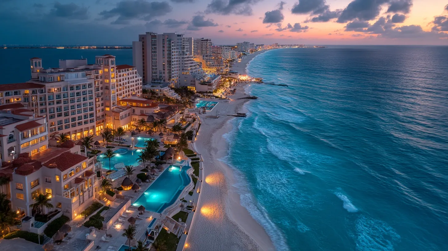 Aerial sunset view of luxury adults only beachfront resorts in Cancun