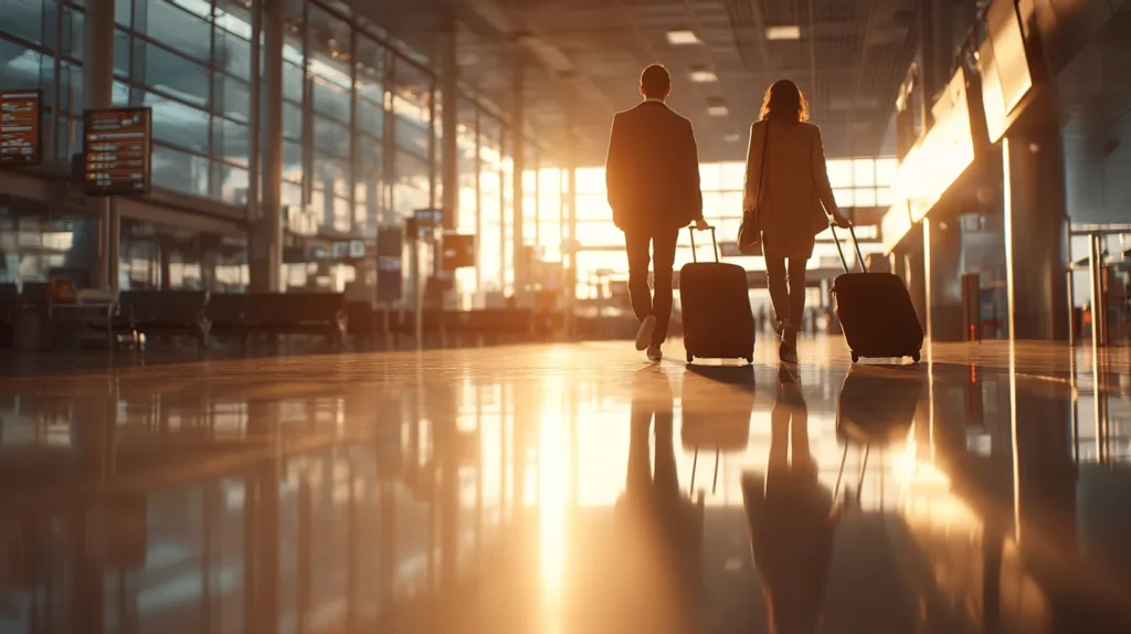 Travelers walking through a modern airport terminal with rolling suitcases in morning sunlight.