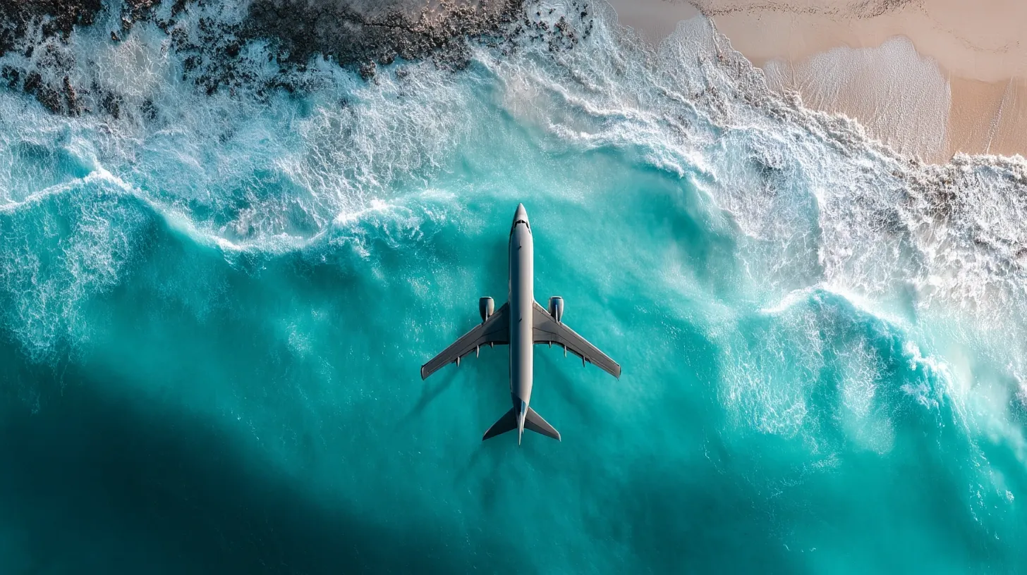 Airplane arriving over turquoise water near Cancun’s hotel zone