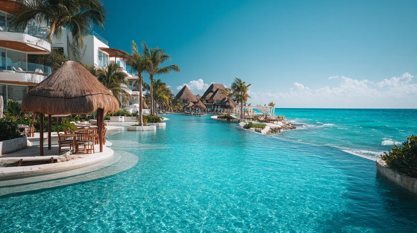 Infinity pool and beachfront suites overlooking turquoise ocean – all inclusive vacation packages in Cancun.