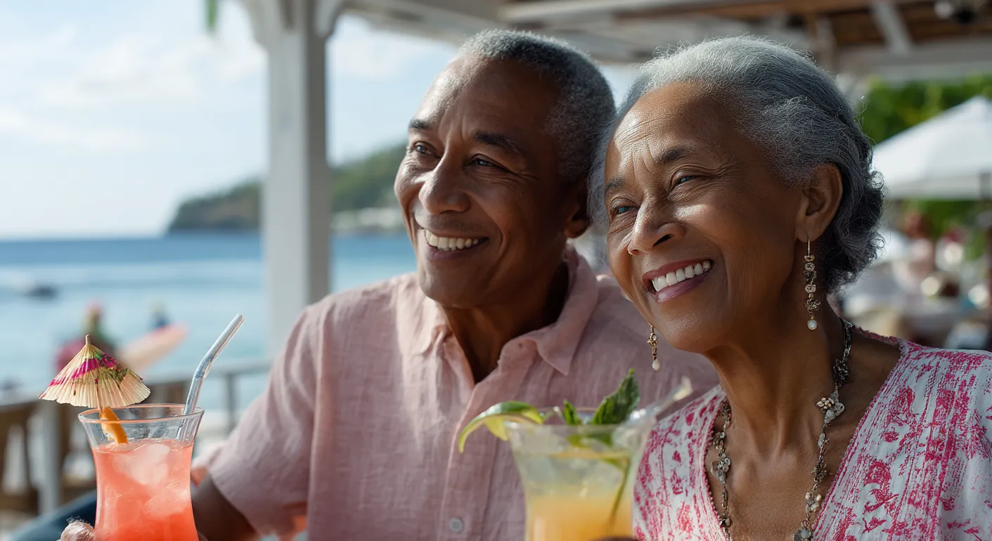 Older couple laughing over tropical drinks during their all inclusive vacation in Punta Cana
