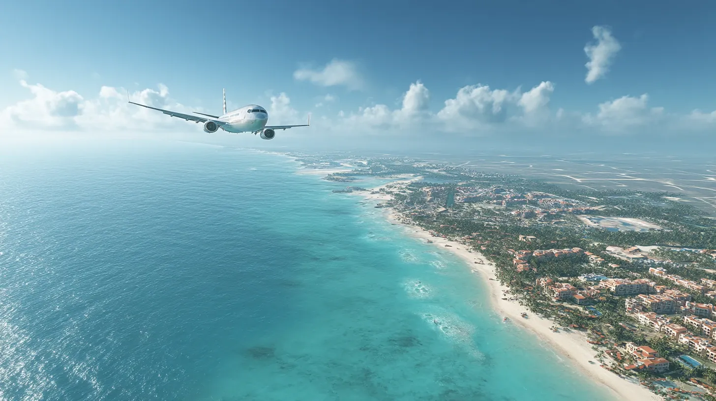 Airplane arriving over Punta Cana coastline for all inclusive vacation packages