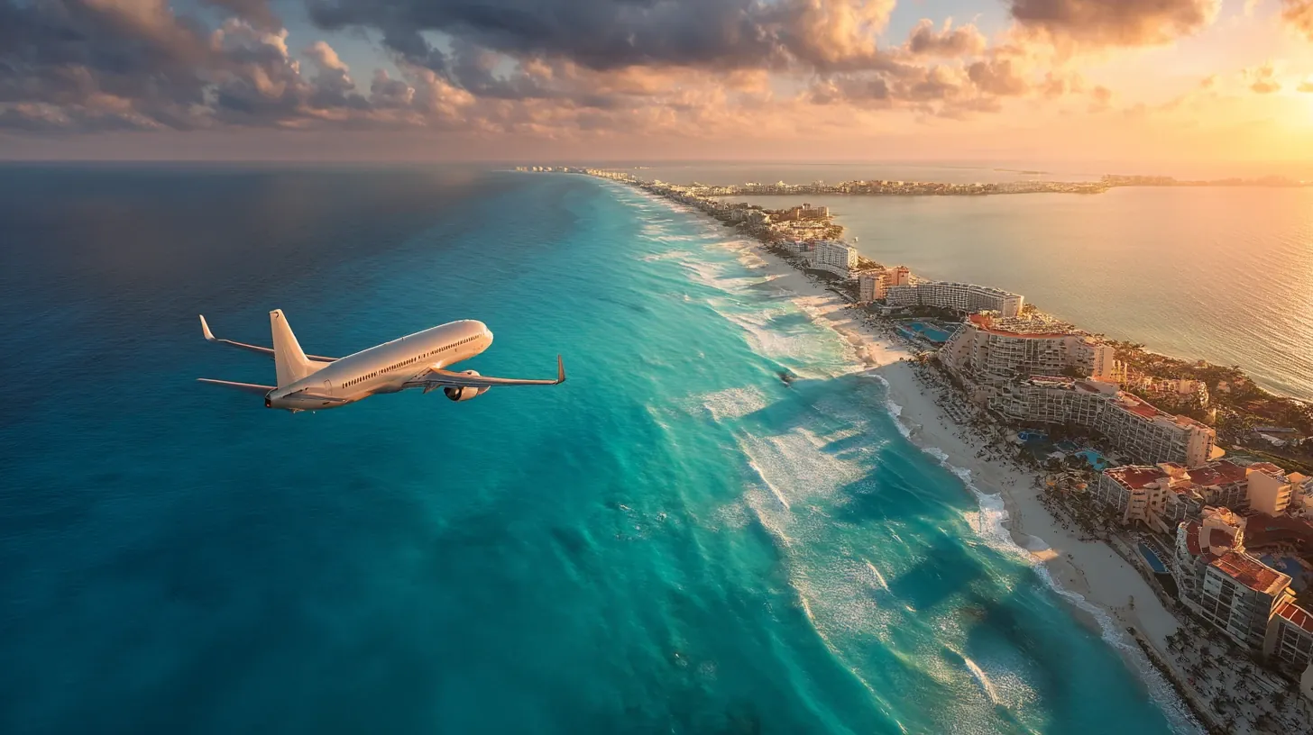 Airplane arriving in Cancun for all inclusive vacation packages.