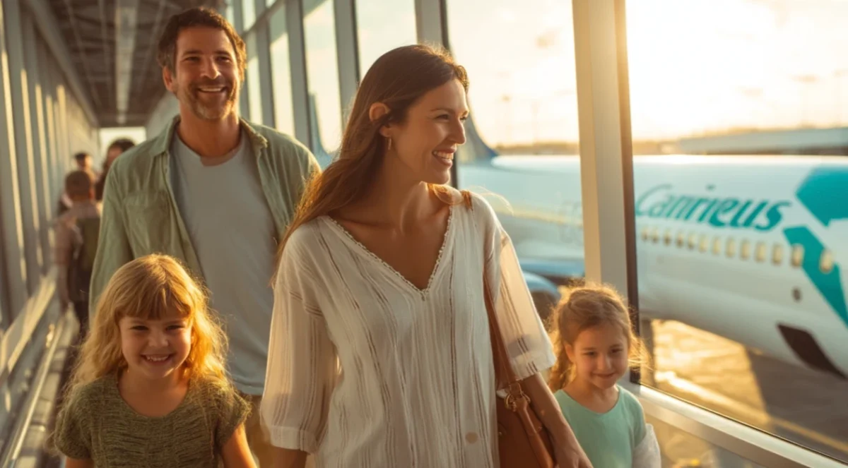 Happy family boarding their flight to Cancun for a tropical all inclusive vacation.