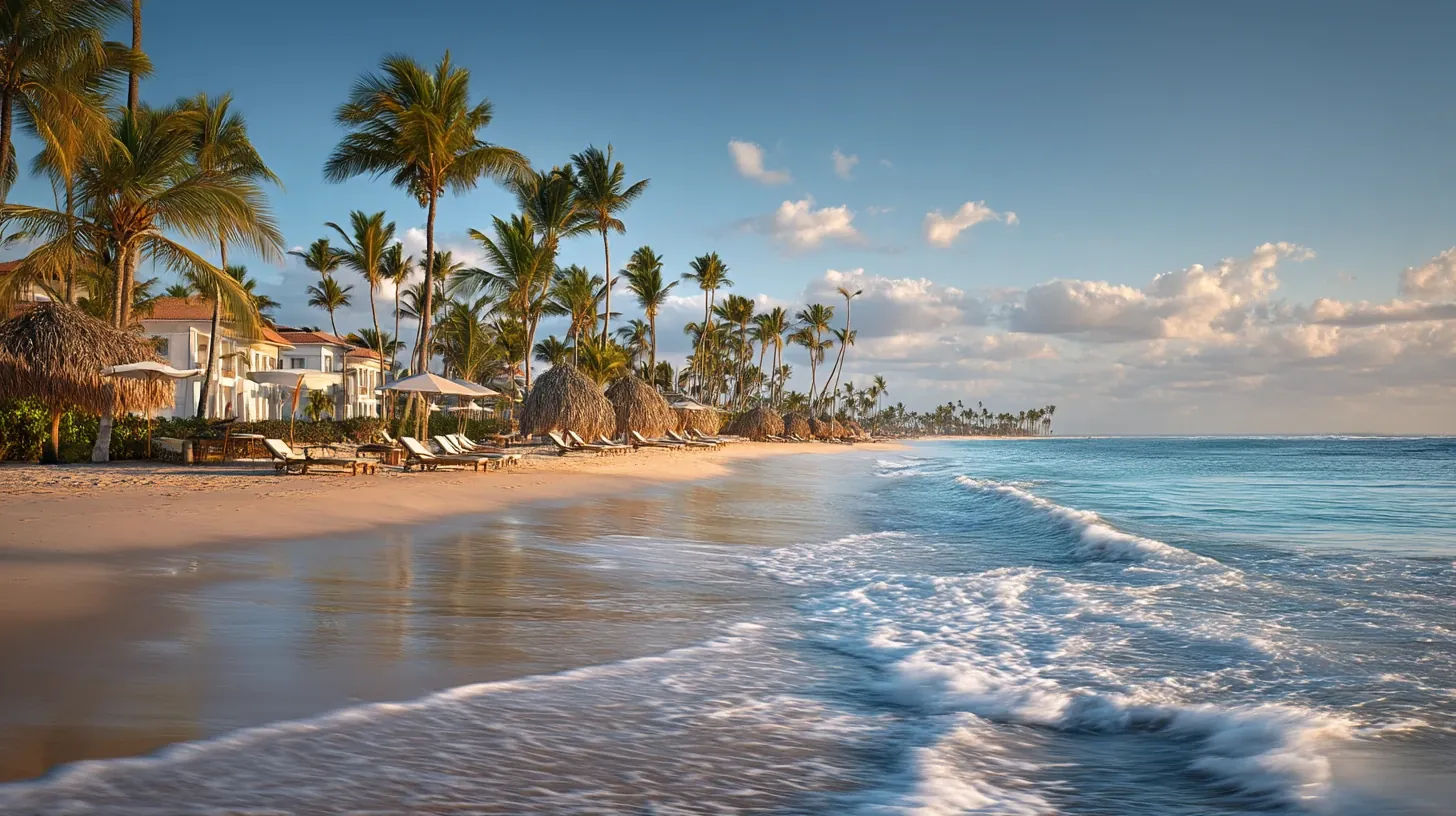 Quiet shoreline at Uvero Alto Beach with palm trees and resort loungers