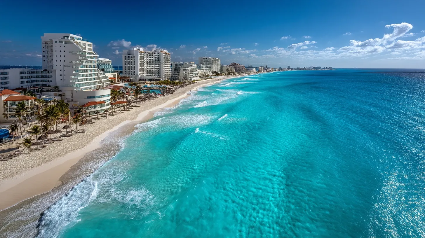 Panoramic view of Cancun’s Hotel Zone and beachfront resorts