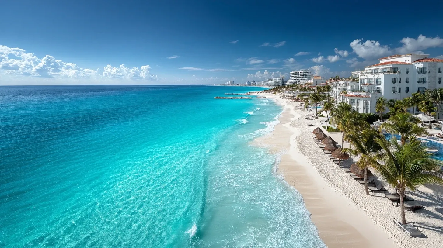 Aerial view of Cancun Hotel Zone showing turquoise beaches and family friendly all inclusive resorts.