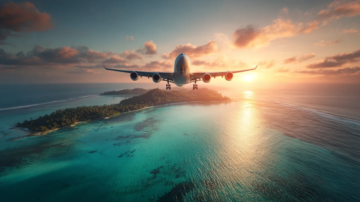 Airplane taking off over a tropical island during sunrise.