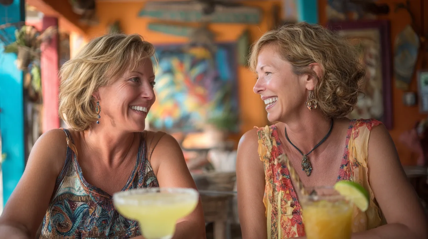 Two cheerful friends laughing over margaritas at a Cancun beach café.