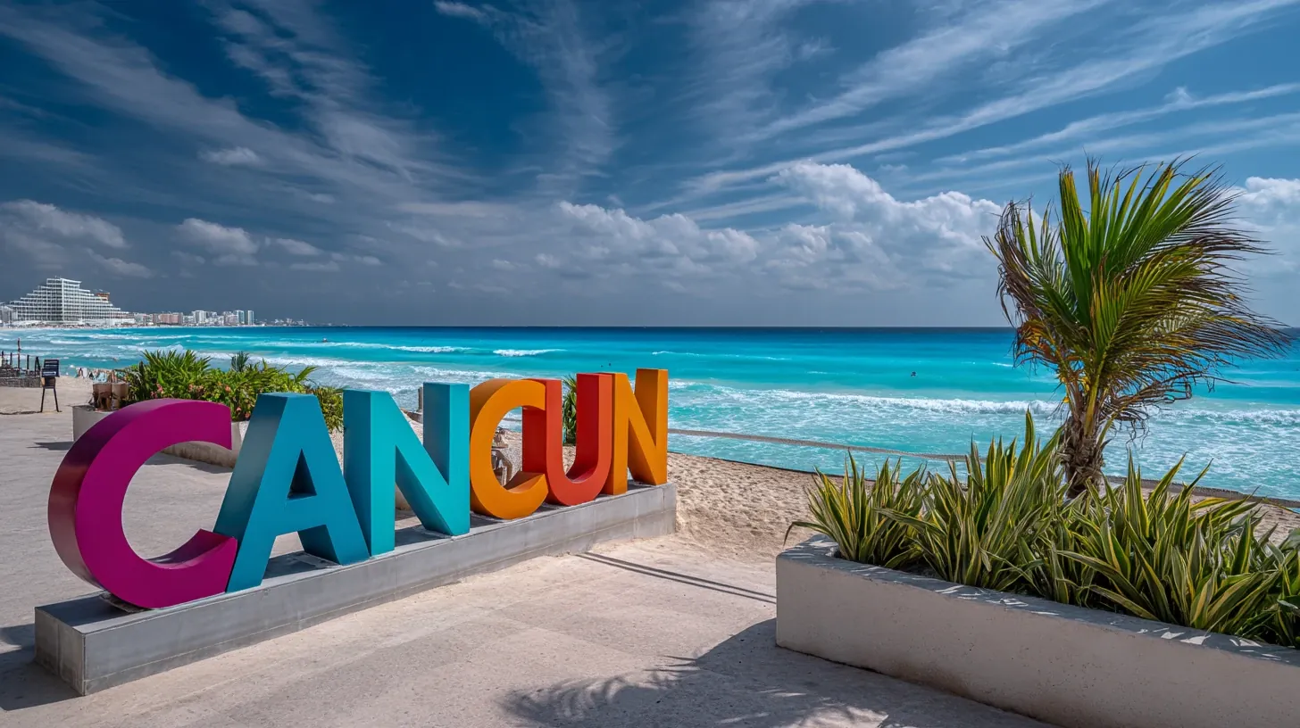 Playa Delfines in Cancun with turquoise water and the famous Cancun sign.