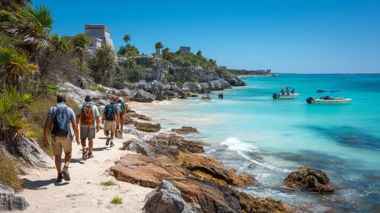 Travelers walking along the beach with Mayan ruins in the background near Cancun