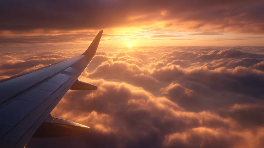 Airplane flying above sunrise clouds symbolizing all-inclusive global travel.