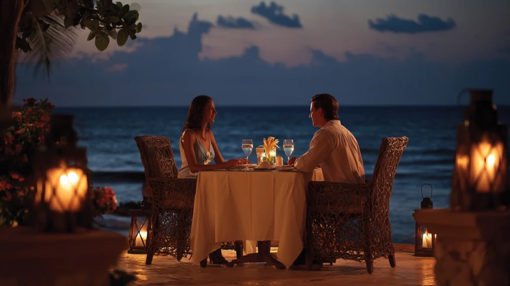 Romantic beachfront dinner setup at adults only all inclusive resorts in Cancun