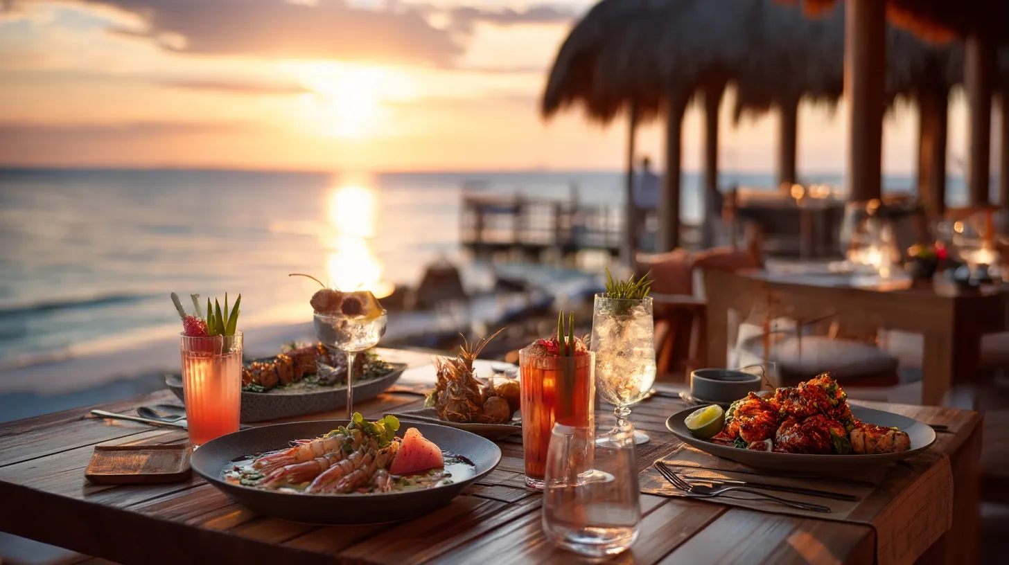 Sunset dinner with seafood and cocktails by the ocean – all inclusive vacation packages in Cancun.