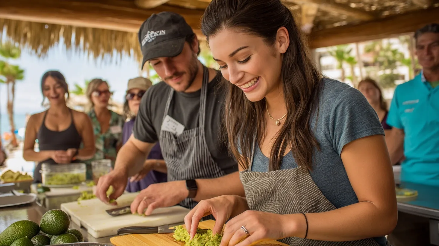Chef guiding guests during a guacamole cooking class at a Cancun all inclusive resort