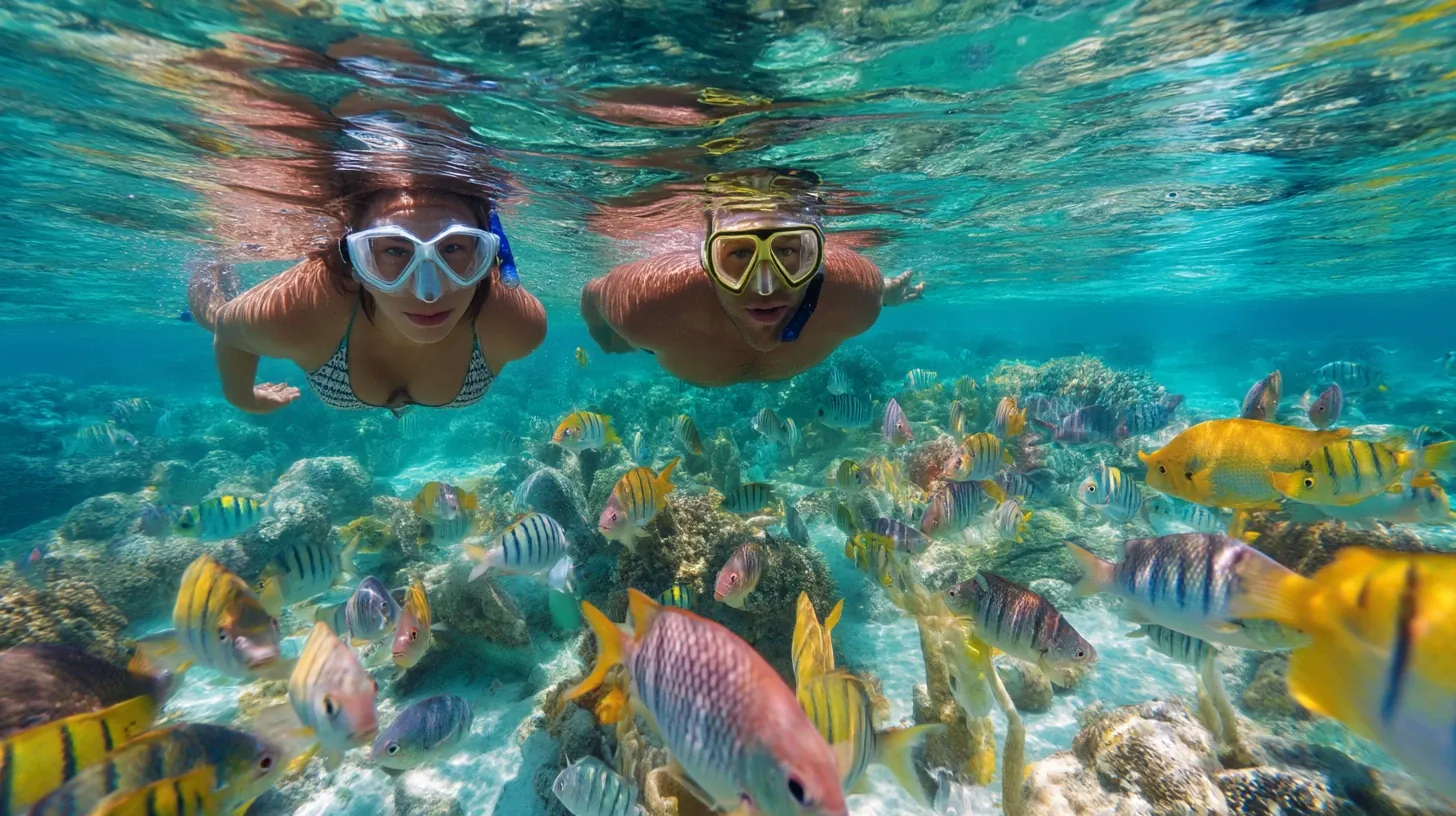 Family snorkeling near Cancun enjoying colorful coral reefs.