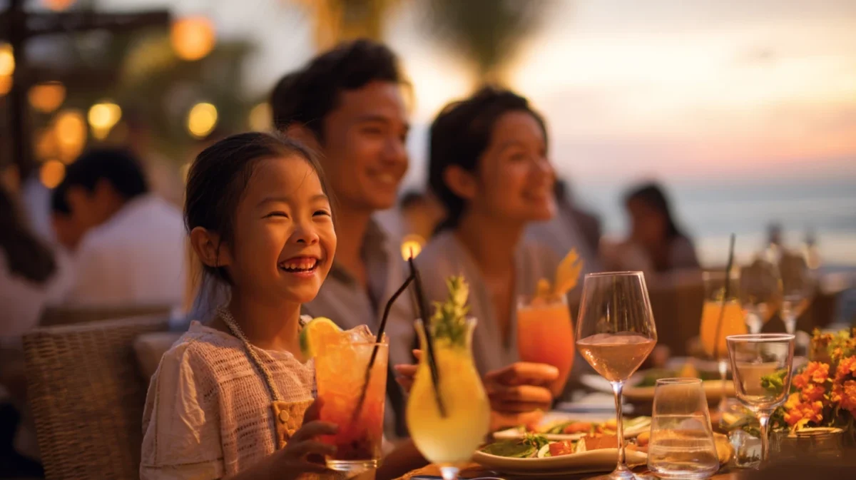 Smiling family enjoying dinner together at an all inclusive beachfront restaurant in Cancun.