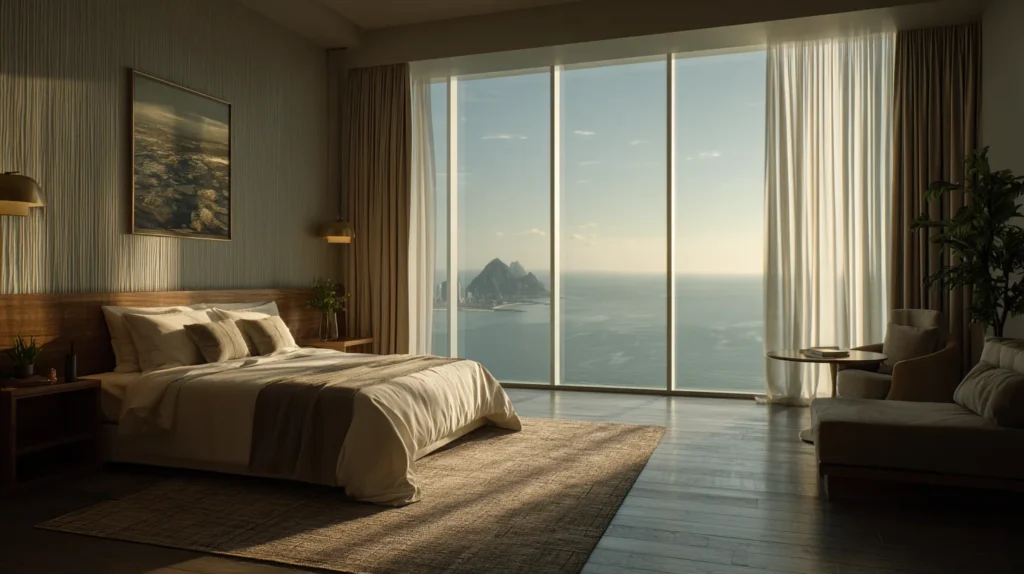 Luxurious hotel suite with panoramic ocean view included in travel package.