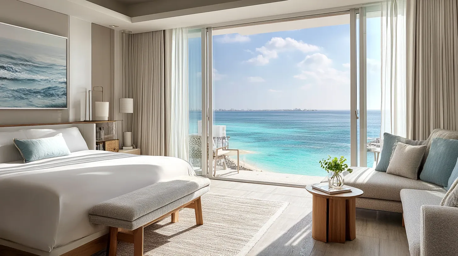 Ocean-view suite with balcony overlooking the sea in an all inclusive vacation package.