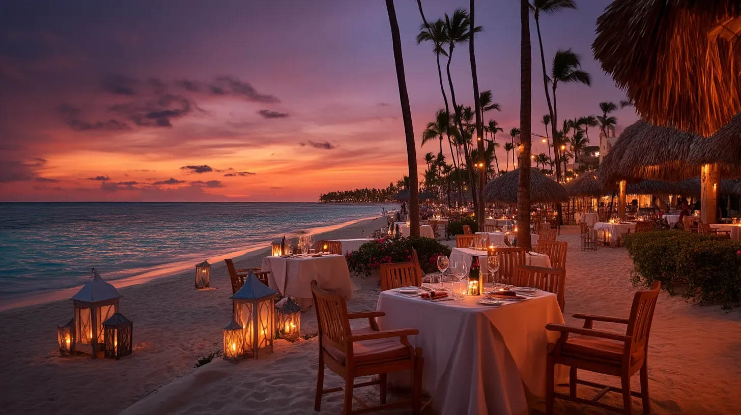 Sunset beachfront dinner table setup at a luxury resort in Punta Cana