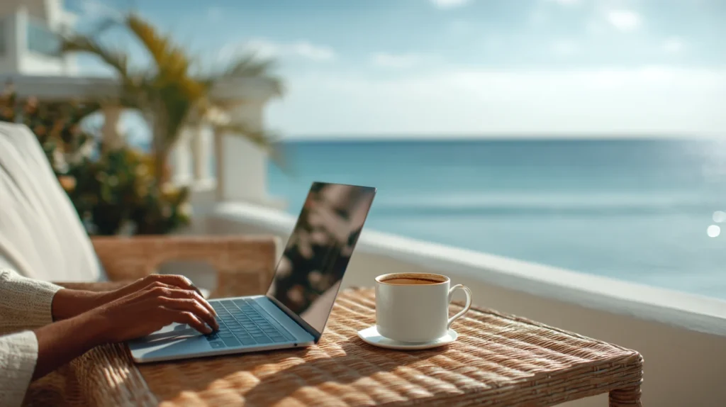 Traveler checking Cancun vacation deals online from a beachside resort.
