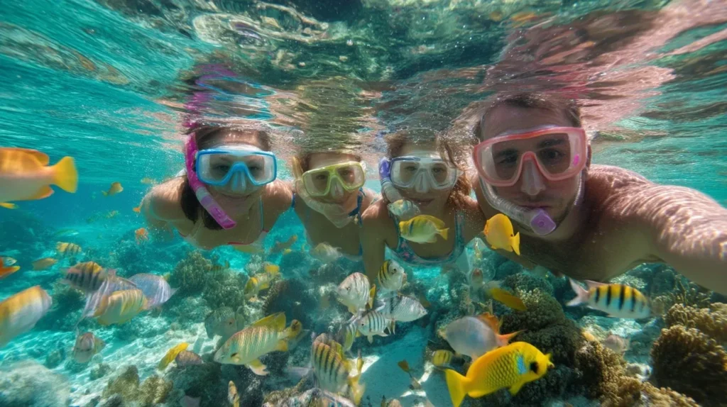 Family snorkeling together near Cancun over coral reefs with tropical fish.
