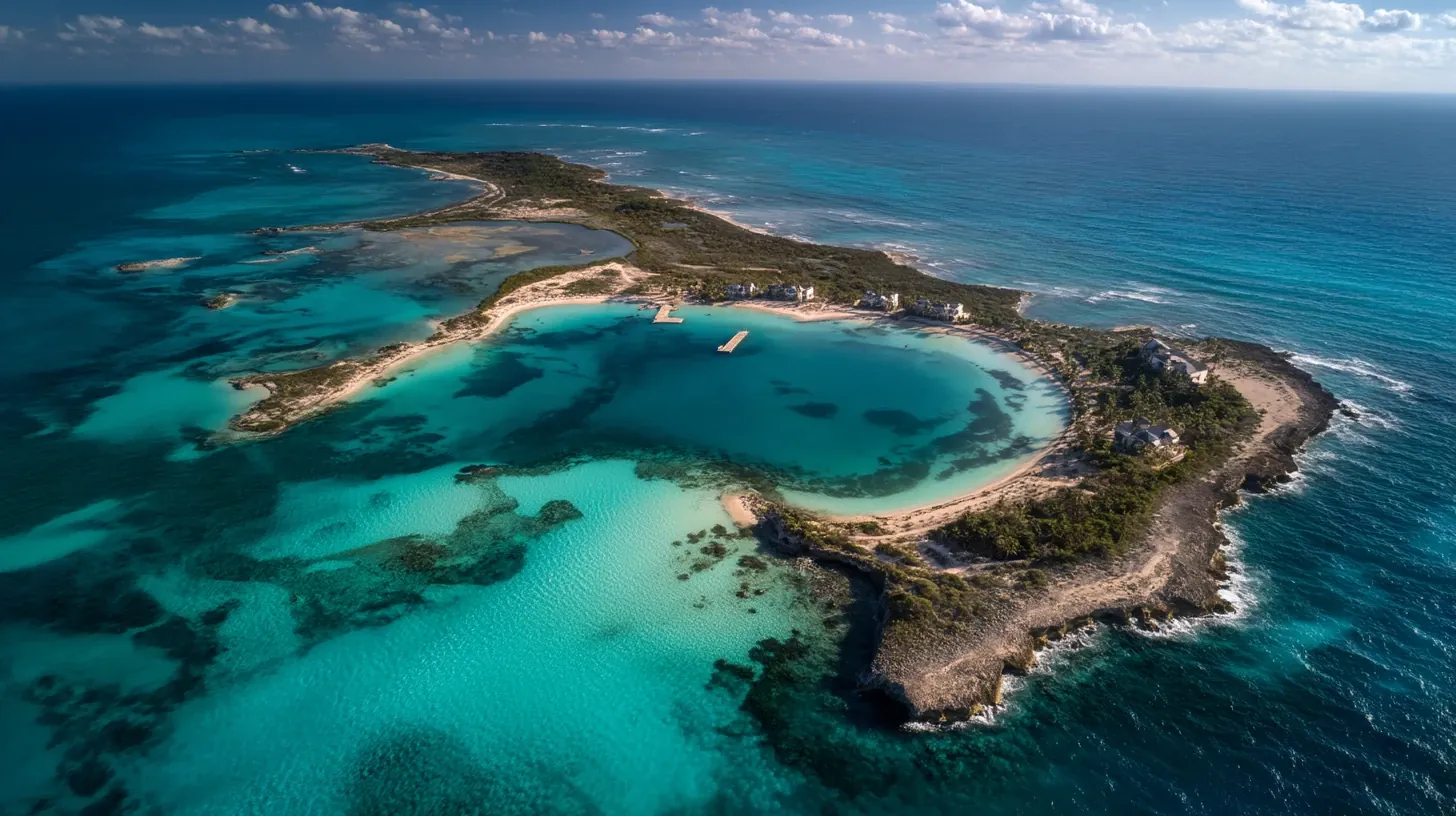 Aerial view of a Caribbean island surrounded by turquoise water.