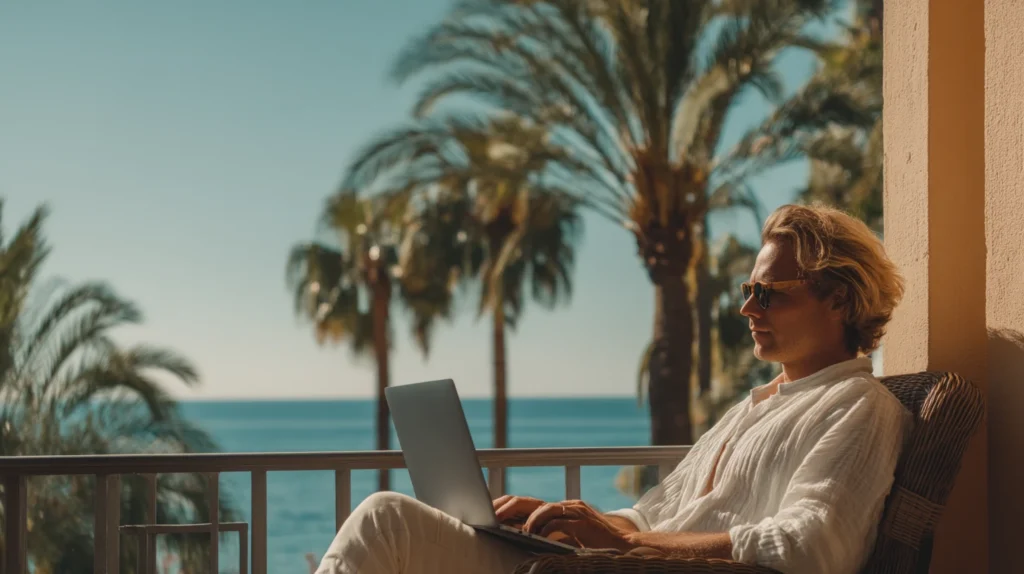 Traveler checking Punta Cana all inclusive resort deals on a laptop overlooking the sea