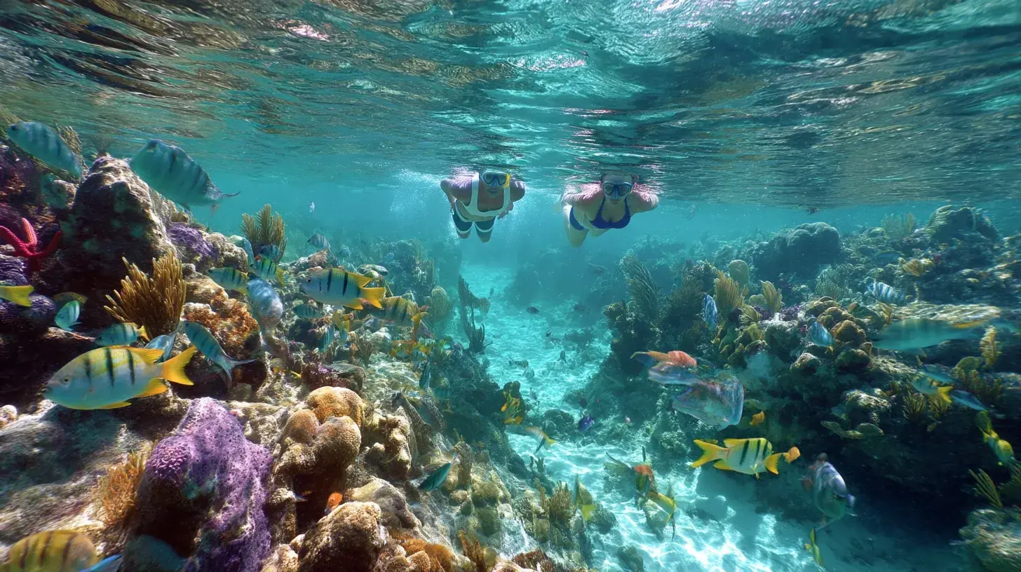 Travelers snorkeling in clear turquoise water near Cancun resorts