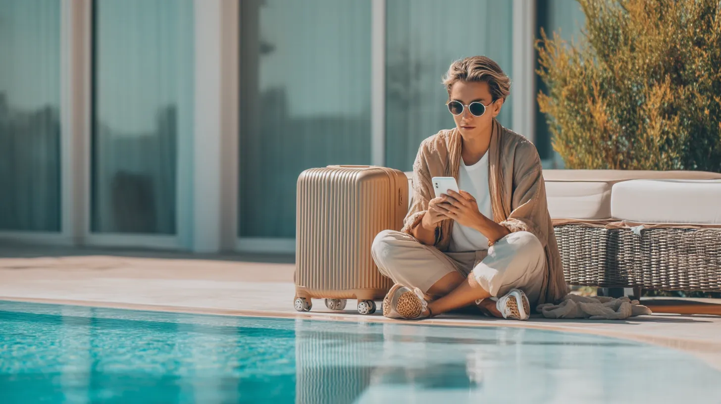 Traveler checking flight deals by the pool at a Cancun resort.