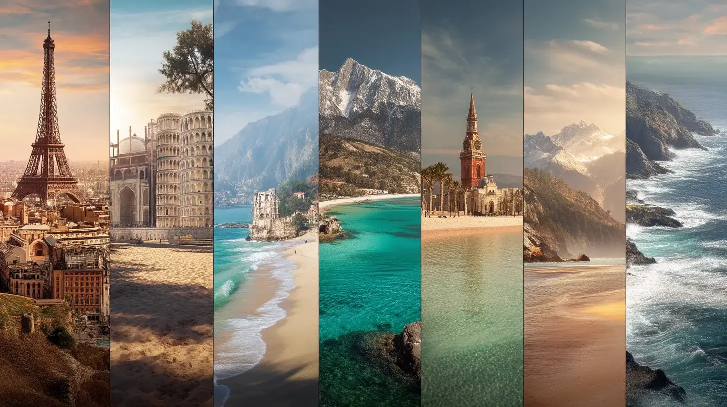 Global collage of landmarks representing diverse all-inclusive travel destinations.