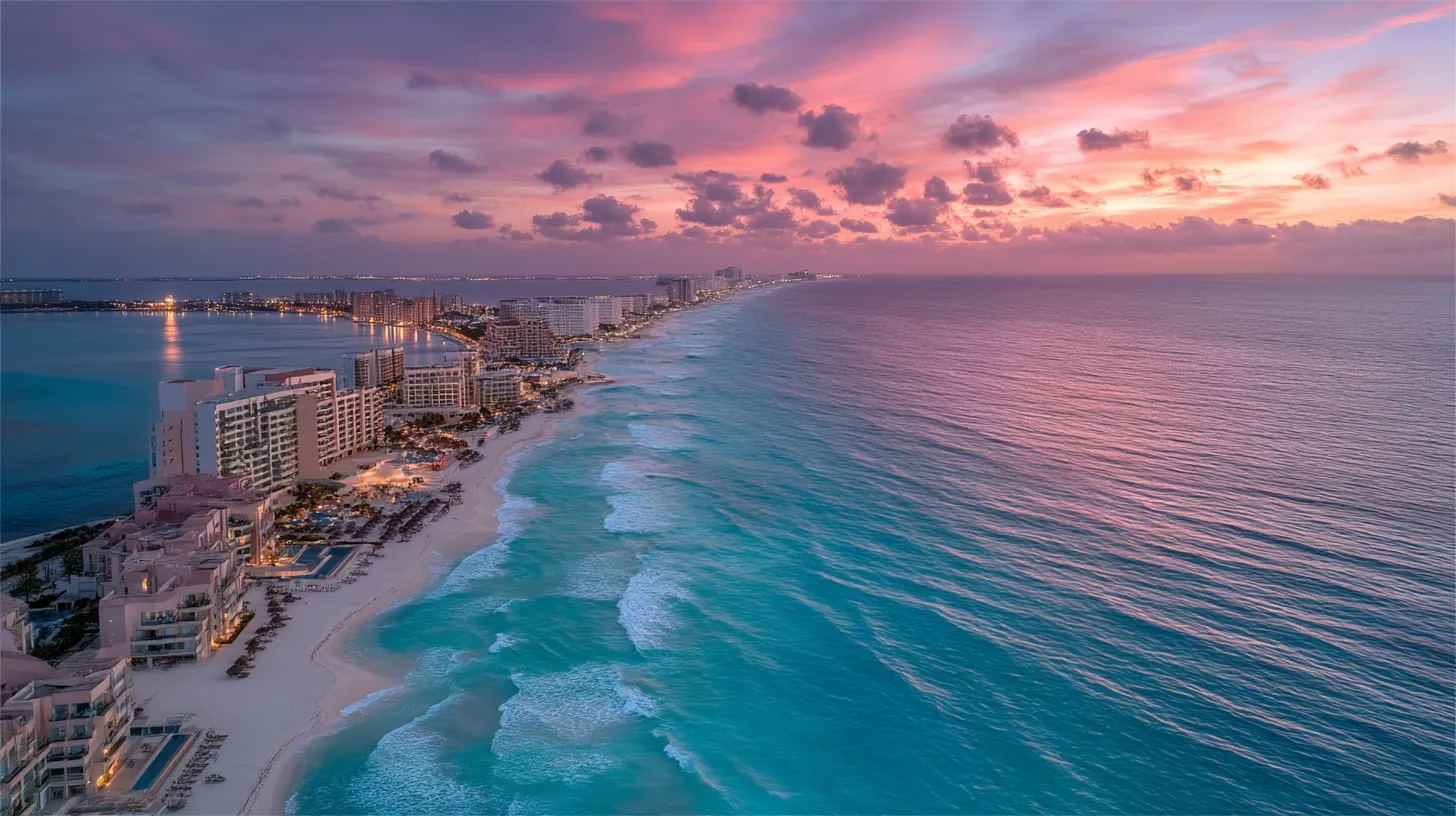 Aerial sunset over Cancun’s shoreline with glowing resorts and calm Caribbean waves.