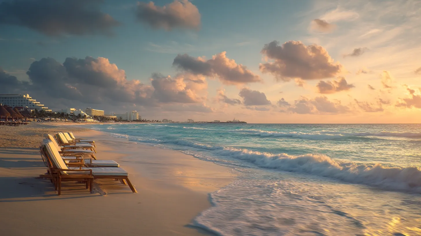 Romantic sunset over Cancun’s beach with lounge chairs and palm trees