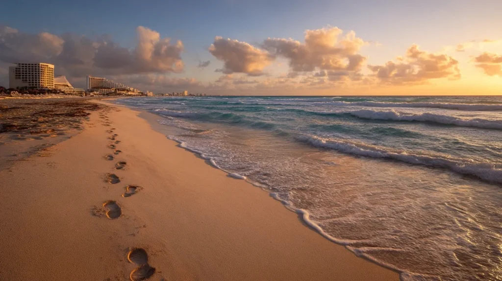 Golden sunset over a calm Cancun beach with family footprints in the sand.