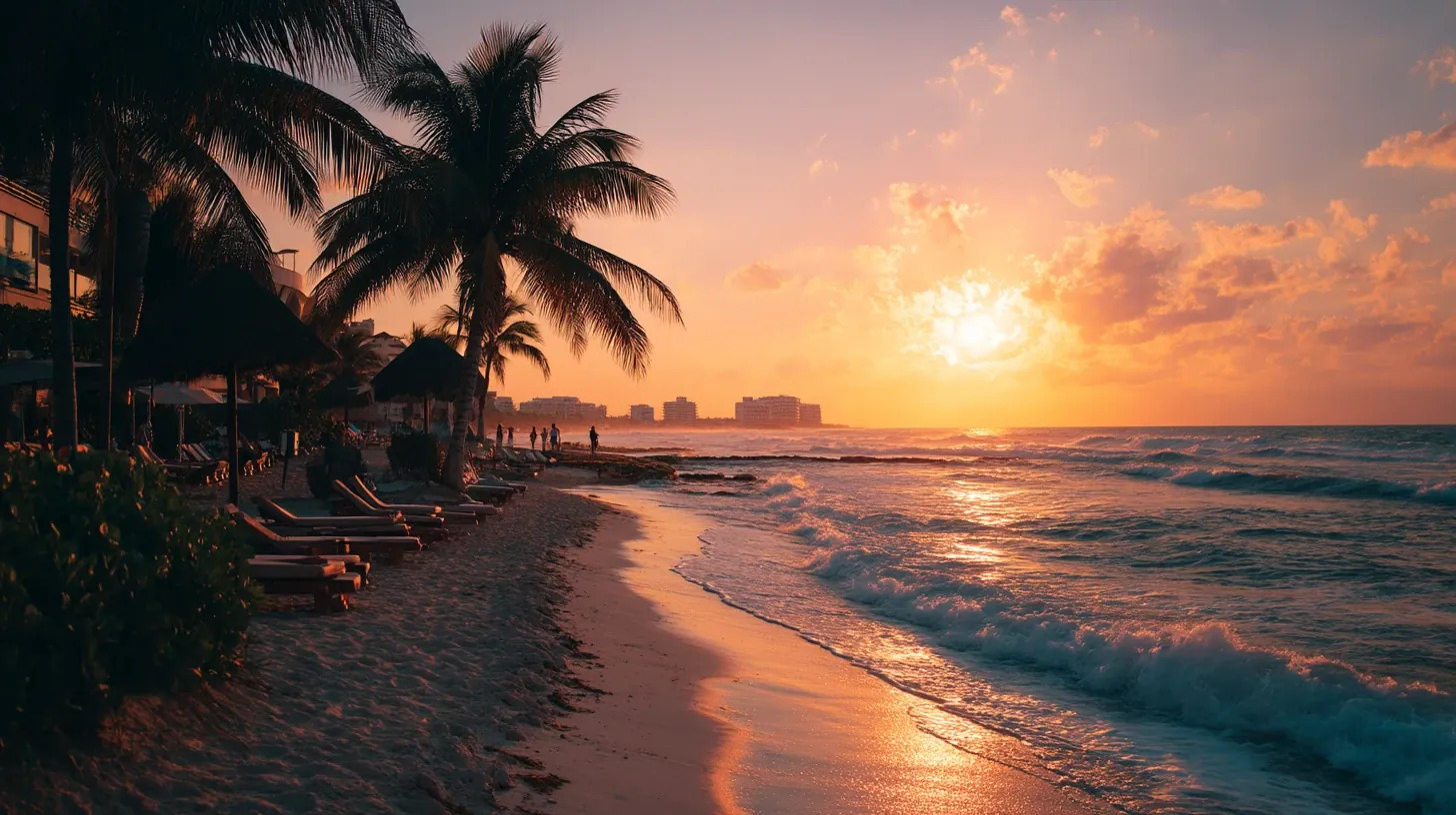 Sunset over Cancun beach with palm silhouettes and calm Caribbean waves.