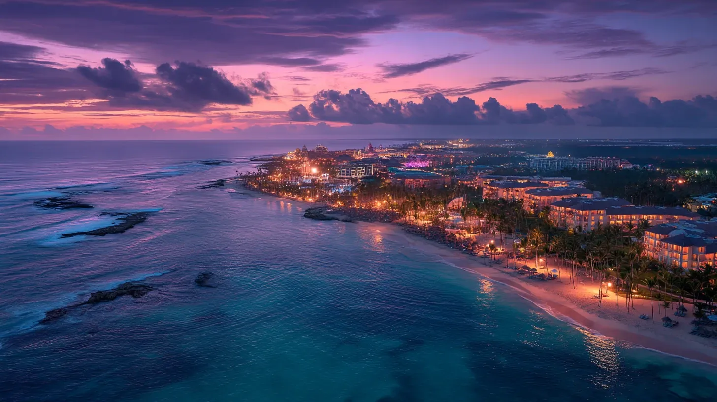 Twilight view of Punta Cana shoreline with glowing beachfront resorts