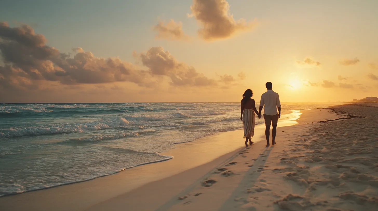 Couple walking hand in hand along Cancun beach at sunrise
