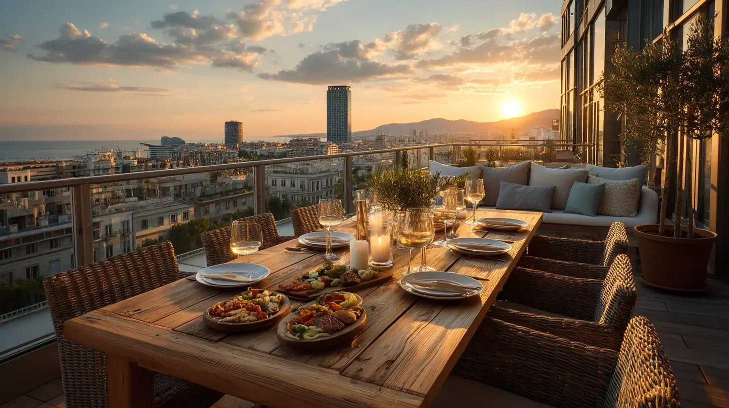 Elegant rooftop dinner table with candles and food at sunset overlooking a coastal city skyline.