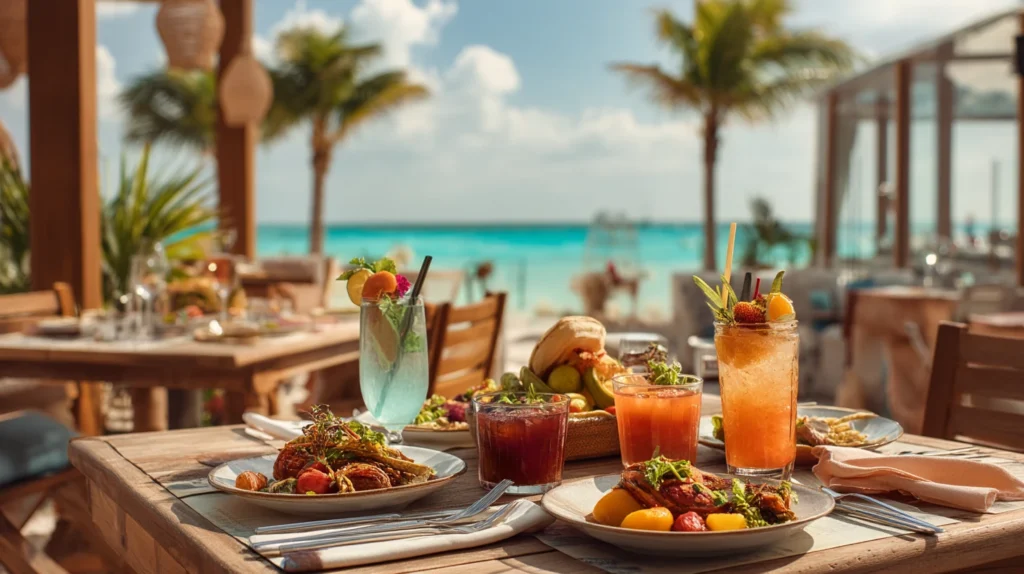 Outdoor beachside restaurant in Cancun serving seafood, tropical fruits, and colorful cocktails.