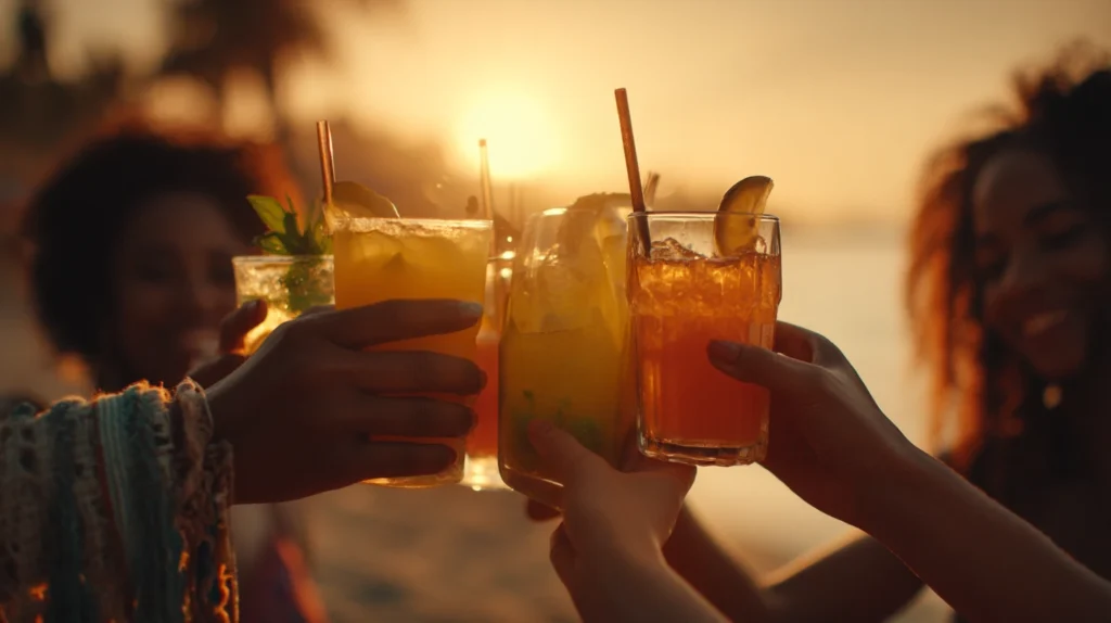 Group of friends celebrating together during a beach vacation.