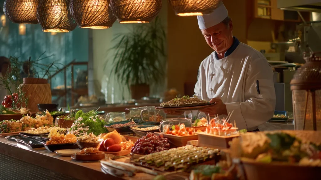 Chef presenting a buffet of international dishes at a resort.