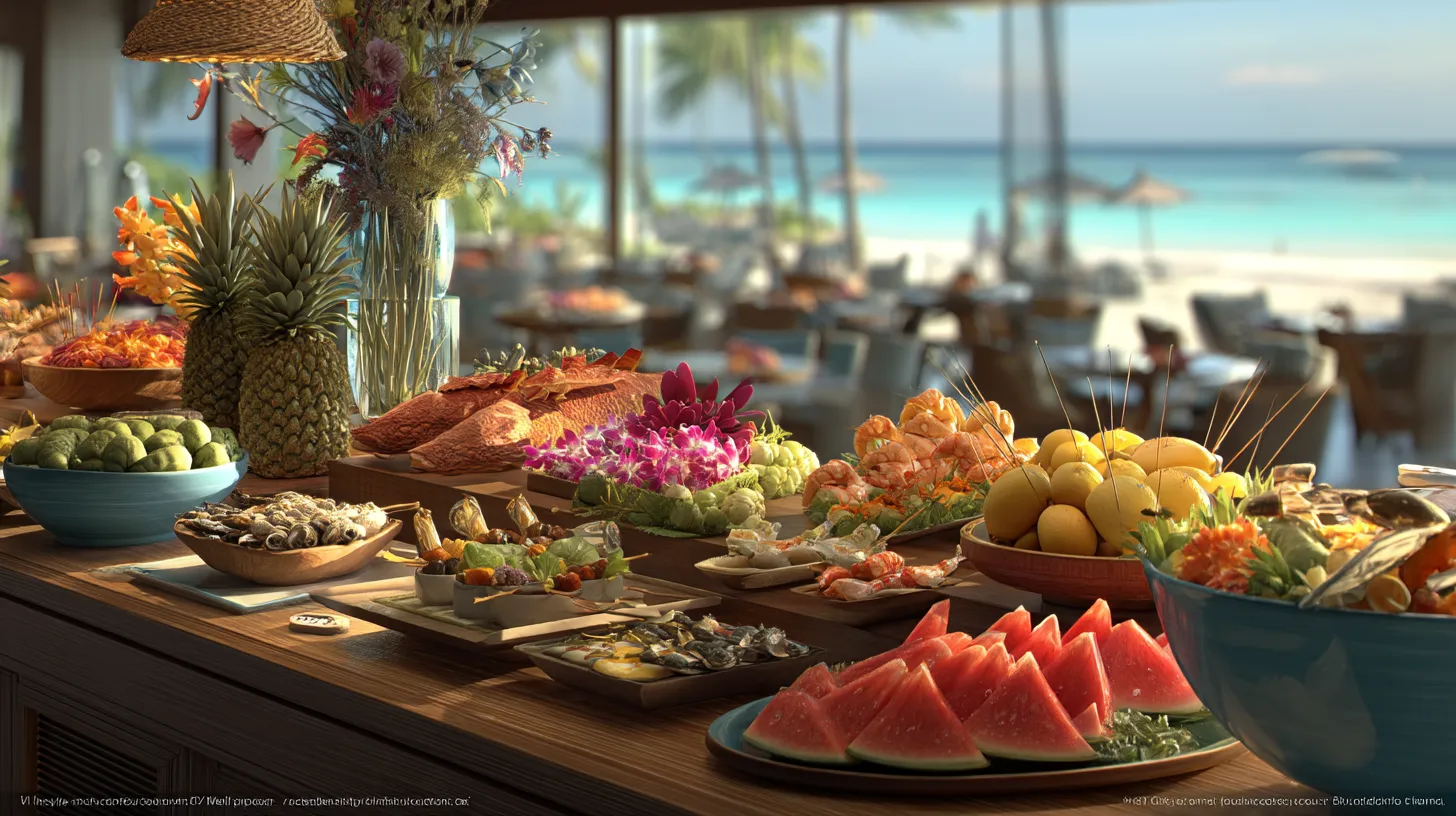 Colorful tropical buffet with seafood, fruits, and Caribbean dishes at a beachfront resort in Punta Cana